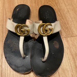 Gucci Leather Thong Sandal with Double G- White leather W/ Dust Bags